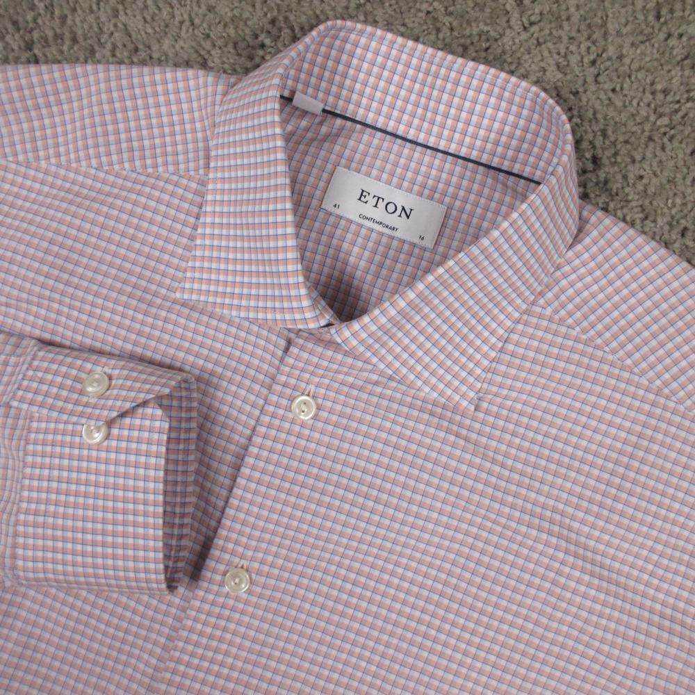 ETON Shirt Mens L 16 41 Orange Blue Check Contemporary Cotton Dress Button Up